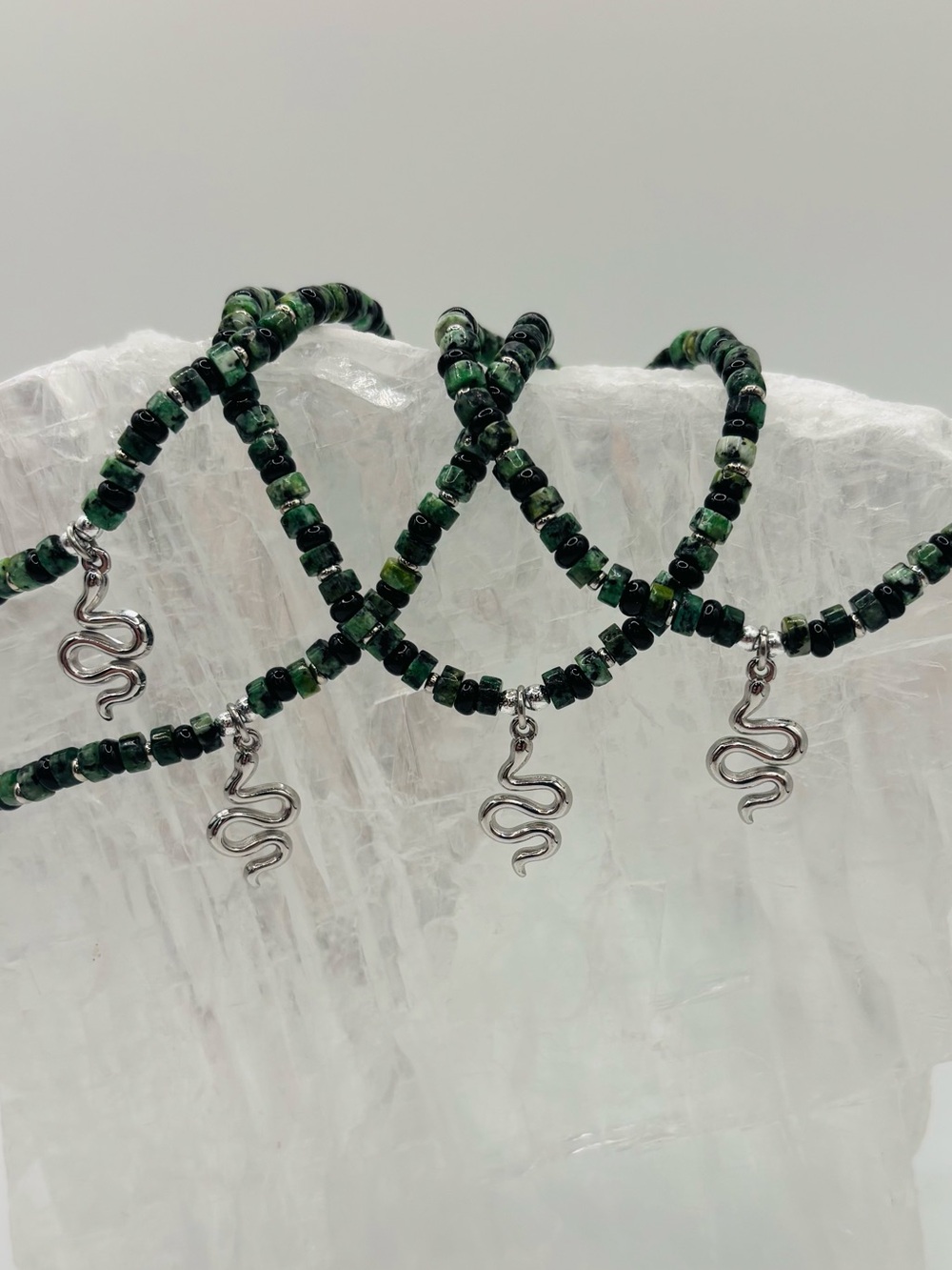 *ANKLET* S. Steel Silver Snake with African Turquoise Stone Stretchy Anklet